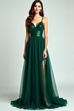 Dark Green Spaghetti Straps A Line Backless Long Formal Dress with Slit