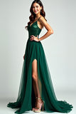 Dark Green Spaghetti Straps A Line Backless Long Formal Dress with Slit