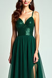 Dark Green Spaghetti Straps A Line Backless Long Formal Dress with Slit