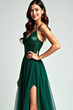 Dark Green Spaghetti Straps A Line Backless Long Formal Dress with Slit