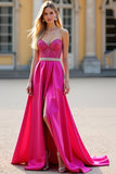 Sparkly Fuchsia Strapless Beaded A Line Long Prom Dress with Slit