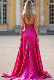 Sparkly Fuchsia Strapless Beaded A Line Long Prom Dress with Slit