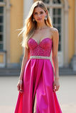 Sparkly Fuchsia Strapless Beaded A Line Long Prom Dress with Slit