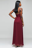 Burgundy Spaghetti Straps A Line Long Chiffon Bridesmaid Dress
