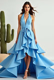 A Line Blue Halter Ruffled Asymmetrical Prom Dress