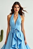 A Line Blue Halter Ruffled Asymmetrical Prom Dress