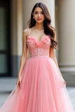 Pretty Pink A Line 3D Flower Long Prom Dress with Beading