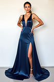 Navy Deep V-Neck Satin A Line Long Formal Dress with Slit