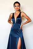 Navy Deep V-Neck Satin A Line Long Formal Dress with Slit