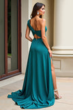 Peacock Green One Shoulder A Line Long Prom Dress with Slit