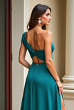 Peacock Green One Shoulder A Line Long Prom Dress with Slit
