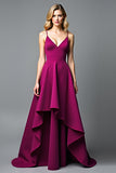A Line V-Neck Dark Purple Ruffled Satin Long Formal Dress