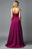 A Line V-Neck Dark Purple Ruffled Satin Long Formal Dress