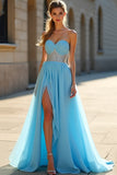 Blue A Line Strapless Beaded Chiffon Long Prom Dress with Slit