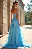 Blue A Line Strapless Beaded Chiffon Long Prom Dress with Slit