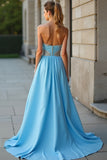 Blue A Line Strapless Beaded Chiffon Long Prom Dress with Slit