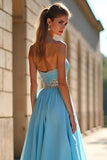 Blue A Line Strapless Beaded Chiffon Long Prom Dress with Slit