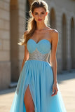 Blue A Line Strapless Beaded Chiffon Long Prom Dress with Slit
