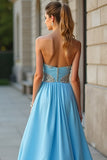 Blue A Line Strapless Beaded Chiffon Long Prom Dress with Slit