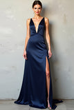 Satin Navy V-Neck A Line Long Formal Dress with Slit