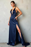 Satin Navy V-Neck A Line Long Formal Dress with Slit