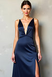 Satin Navy V-Neck A Line Long Formal Dress with Slit