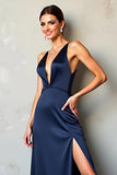 Satin Navy V-Neck A Line Long Formal Dress with Slit