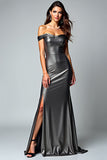 Sheath Dark Grey Off the Shoulder Long Formal Dress with Slit