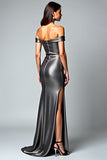 Sheath Dark Grey Off the Shoulder Long Formal Dress with Slit