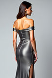 Sheath Dark Grey Off the Shoulder Long Formal Dress with Slit
