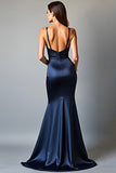 Sheath Navy Deep V-Neck Backless Long Prom Dress with Slit