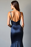 Sheath Navy Deep V-Neck Backless Long Prom Dress with Slit