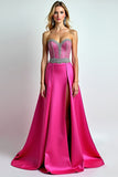 Glitter Beaded Fuchsia Strapless A Line Long Prom Dress with Slit