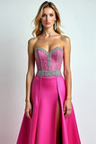 Glitter Beaded Fuchsia Strapless A Line Long Prom Dress with Slit