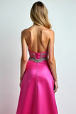Glitter Beaded Fuchsia Strapless A Line Long Prom Dress with Slit