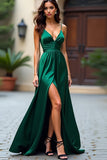 A Line Dark Green V Neck Satin Long Prom Dress with Slit