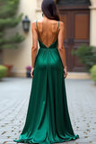 A Line Dark Green V Neck Satin Long Prom Dress with Slit