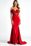 Red Off the Shoulder Lace Sheath Long Prom Dress