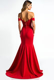 Red Off the Shoulder Lace Sheath Long Prom Dress