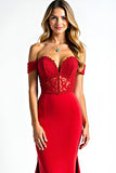 Red Off the Shoulder Lace Sheath Long Prom Dress