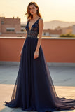 A Line V Neck Navy Lace Beaded Long Formal Dress