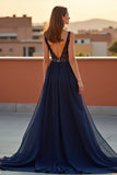 A Line V Neck Navy Lace Beaded Long Formal Dress