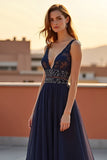 A Line V Neck Navy Lace Beaded Long Formal Dress