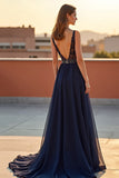 A Line V Neck Navy Lace Beaded Long Formal Dress