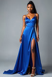 Royal Blue V Neck Satin A Line Long Prom Dress with Slit