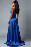 Royal Blue V Neck Satin A Line Long Prom Dress with Slit