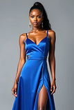 Royal Blue V Neck Satin A Line Long Prom Dress with Slit