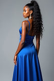 Royal Blue V Neck Satin A Line Long Prom Dress with Slit