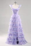 Lavender Corset Tiered Tulle Maxi Prom Dress with Slit