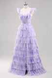 Lavender Corset Tiered Tulle Maxi Prom Dress with Slit